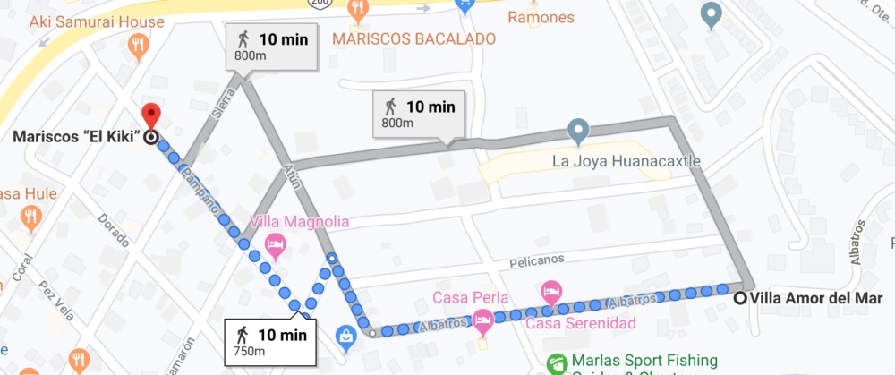 Map from Villa Amor Del Mar to Kiki's